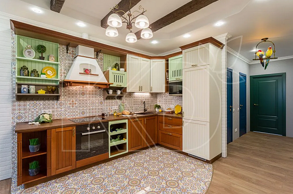 Угловая кухня в зеленом цвете